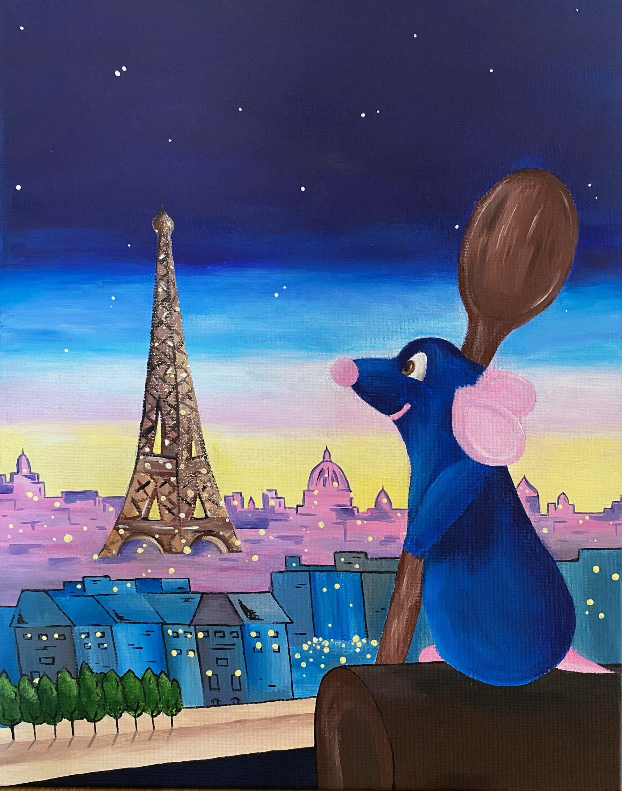 Painting of a blue rat looking at the Eiffel Tower