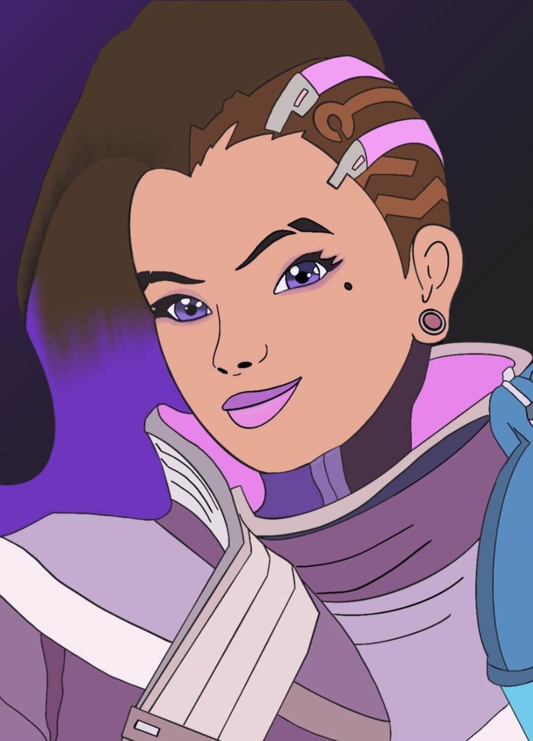 Digital art of a purple tech themed gaming girl